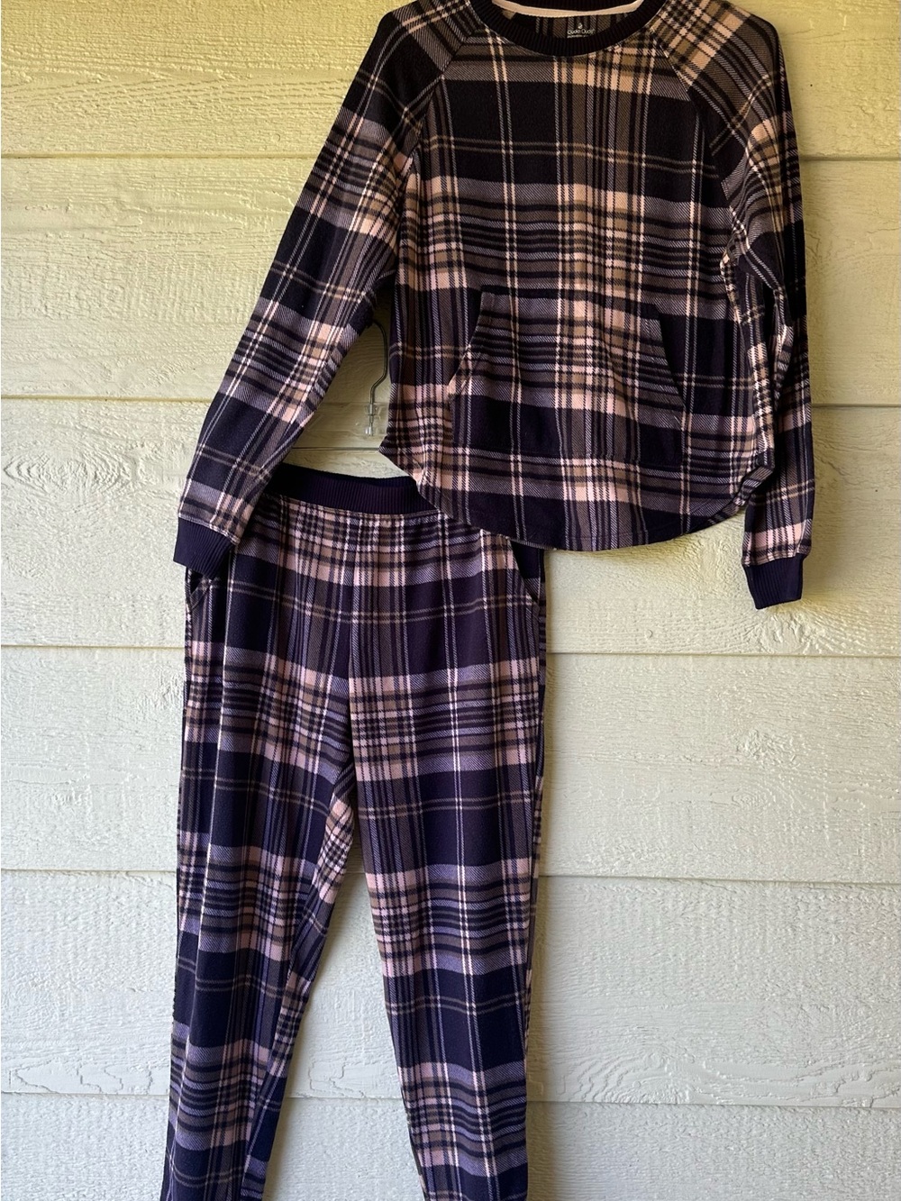 Cozy navy blue and pink plaid pajama set